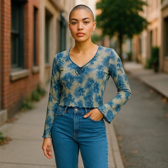 Vintage Y2K 2000s Fashion Bug Blue Tan Tie Neck Floral Flare Top Boho Fairy - Picture 1 of 8